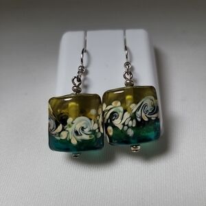 Glass Earrings Swirl Pattern Silver Plated Fittings Green